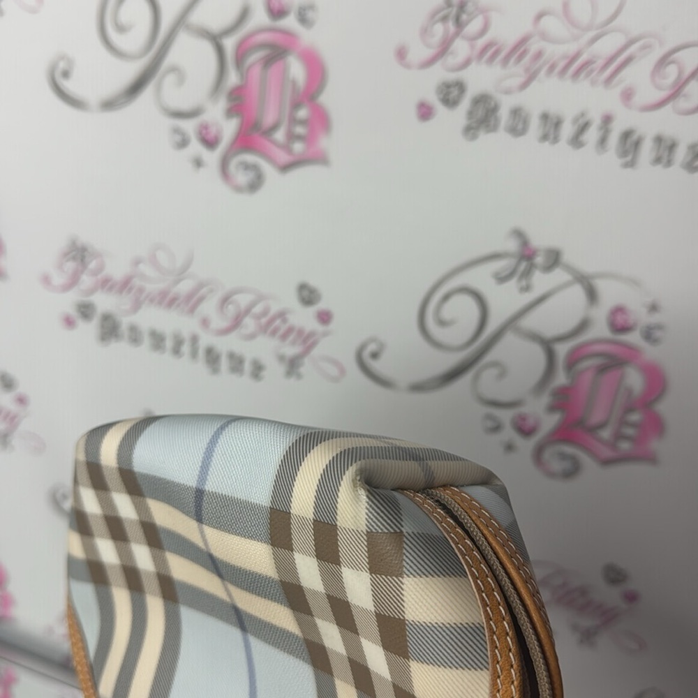 Burberry bag nova check print baby blue tan cream cosmetic case small tote zip - Picture 11 of 12